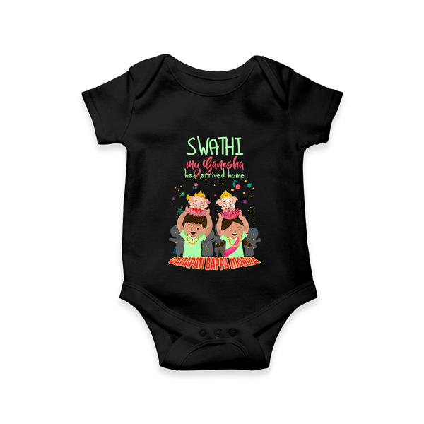 My Ganesha Has Arrived Home Romper | Personalized Baby Romper for Ganesha Devotees - BLACK - New Born (Chest 14")