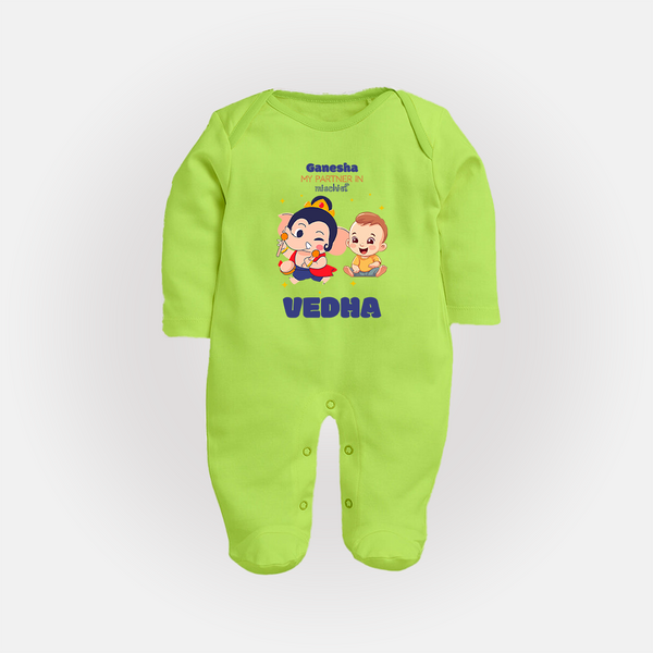 My Parents in Mischief Sleep Suit / Full Sleeve Body Suit | Custom Baby Sleep Suit / Full Sleeve Body Suit for Ganesha Celebration - LIME GREEN - New Born (Chest 7.5")