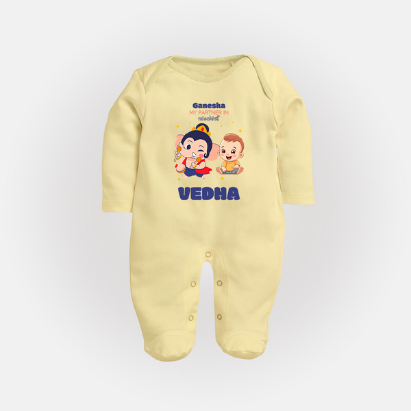 My Parents in Mischief Sleep Suit / Full Sleeve Body Suit | Custom Baby Sleep Suit / Full Sleeve Body Suit for Ganesha Celebration - PASTEL YELLOW - New Born (Chest 7.5")