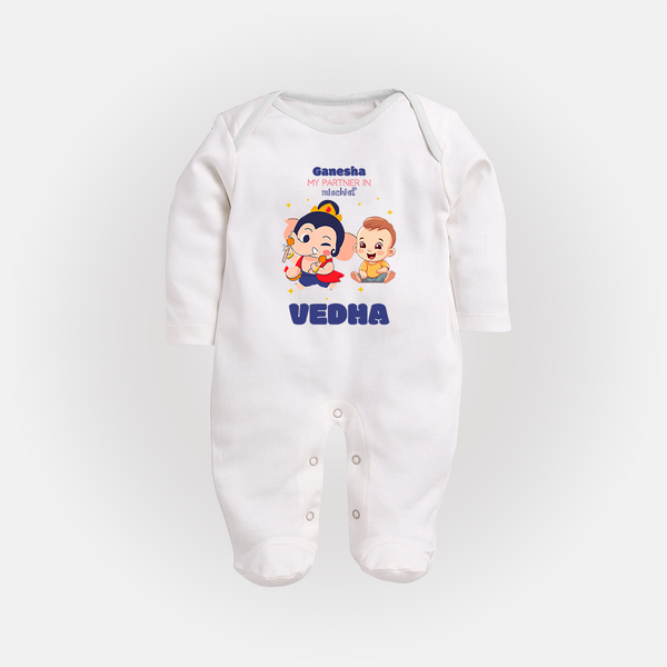 My Parents in Mischief Sleep Suit / Full Sleeve Body Suit | Custom Baby Sleep Suit / Full Sleeve Body Suit for Ganesha Celebration - WHITE - New Born (Chest 7.5")