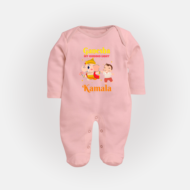 Ganesha My Guiding Light Sleep Suit / Full Sleeve Body Suit | Personalized Baby Sleep Suit / Full Sleeve Body Suit for Ganesha Devotees - BABY PINK - New Born (Chest 7.5")