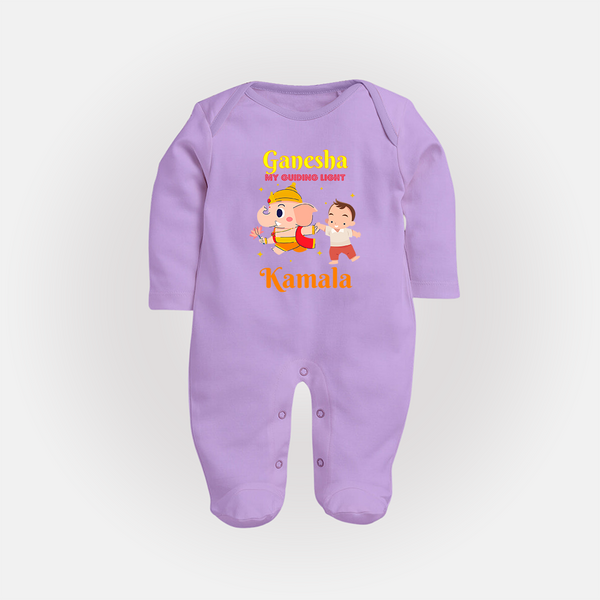 Ganesha My Guiding Light Sleep Suit / Full Sleeve Body Suit | Personalized Baby Sleep Suit / Full Sleeve Body Suit for Ganesha Devotees - LILAC - New Born (Chest 7.5")