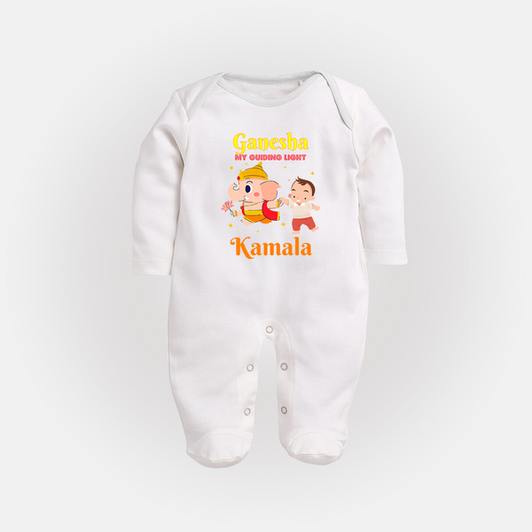 Ganesha My Guiding Light Sleep Suit / Full Sleeve Body Suit | Personalized Baby Sleep Suit / Full Sleeve Body Suit for Ganesha Devotees - WHITE - New Born (Chest 7.5")