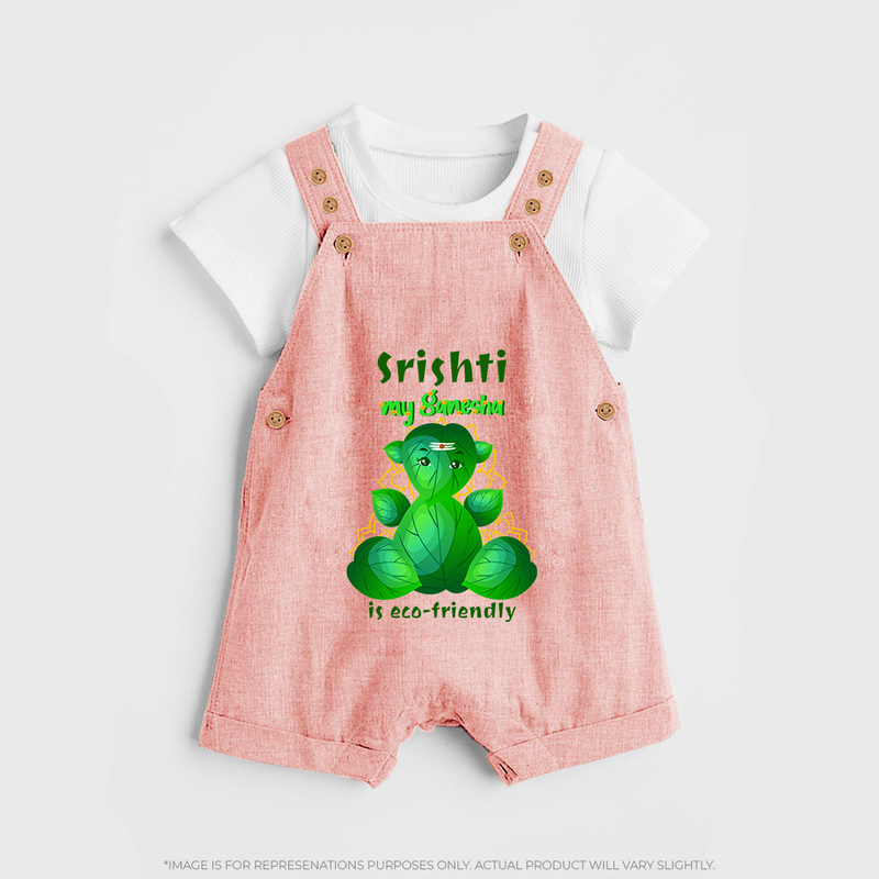 My Ganesha is Eco-Friendly Dungaree Set | Custom Baby Dungaree Set for Eco-Conscious Ganesha Lovers - PEACH - 0 - 5 Months Old (Chest 18")