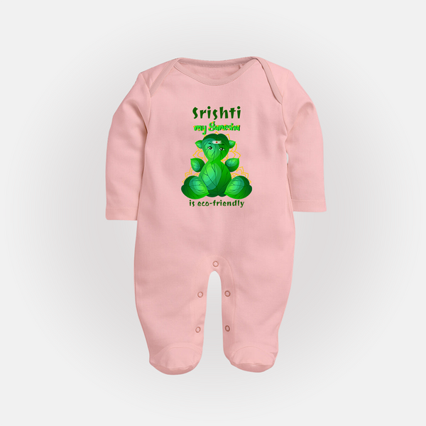 My Ganesha is Eco-Friendly Sleep Suit / Full Sleeve Body Suit | Custom Baby Sleep Suit / Full Sleeve Body Suit for Eco-Conscious Ganesha Lovers - BABY PINK - New Born (Chest 7.5")