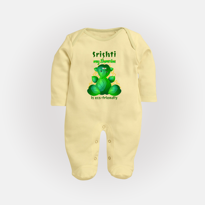 My Ganesha is Eco-Friendly Sleep Suit / Full Sleeve Body Suit | Custom Baby Sleep Suit / Full Sleeve Body Suit for Eco-Conscious Ganesha Lovers - PASTEL YELLOW - New Born (Chest 7.5")