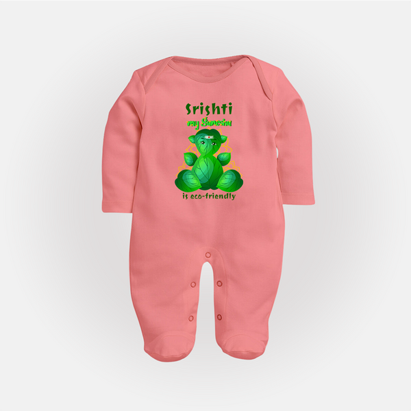 My Ganesha is Eco-Friendly Sleep Suit / Full Sleeve Body Suit | Custom Baby Sleep Suit / Full Sleeve Body Suit for Eco-Conscious Ganesha Lovers - PEACH - New Born (Chest 7.5")