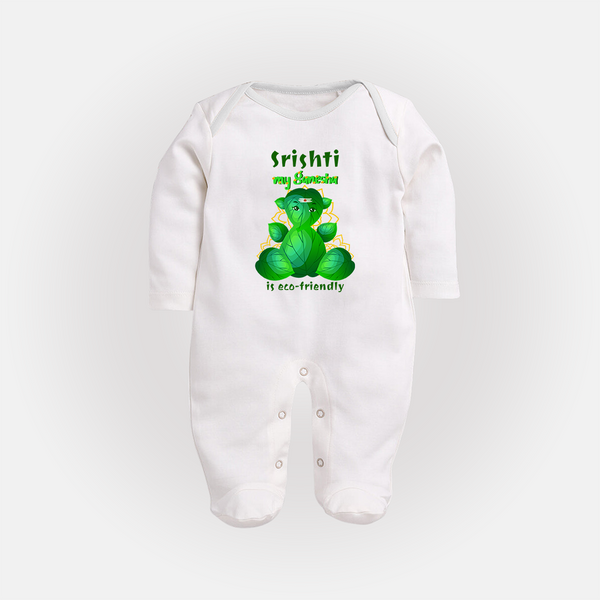 My Ganesha is Eco-Friendly Sleep Suit / Full Sleeve Body Suit | Custom Baby Sleep Suit / Full Sleeve Body Suit for Eco-Conscious Ganesha Lovers - WHITE - New Born (Chest 7.5")