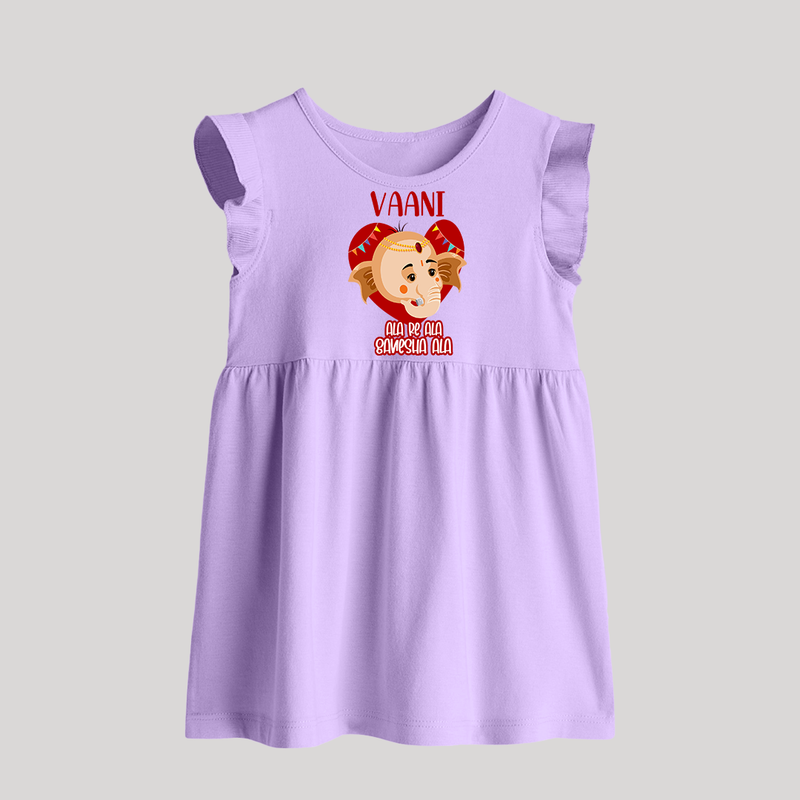 Ala Re Ala Ganesha Ala Baby Frock | Personalized Baby Frock for Ganesha Festival - LILAC - 0 - 3 Months Old (Chest 17")