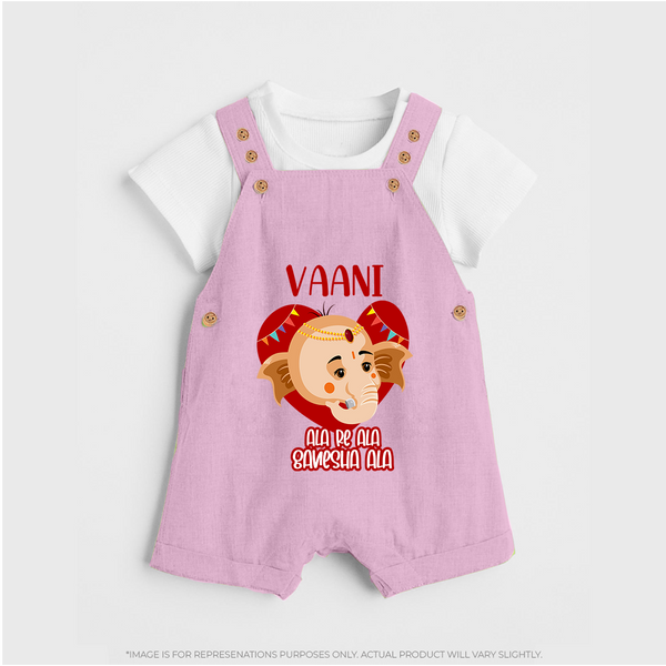Ala Re Ala Ganesha Ala Dungaree Set | Personalized Baby Dungaree Set for Ganesha Festival - BABY PINK - 0 - 5 Months Old (Chest 18")