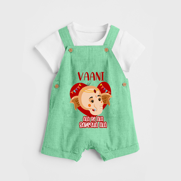 Ala Re Ala Ganesha Ala Dungaree Set | Personalized Baby Dungaree Set for Ganesha Festival - GREEN - 0 - 5 Months Old (Chest 18")