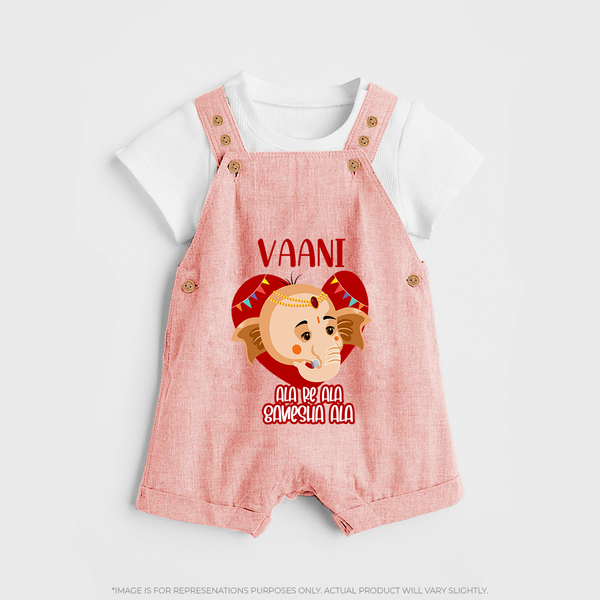 Ala Re Ala Ganesha Ala Dungaree Set | Personalized Baby Dungaree Set for Ganesha Festival - PEACH - 0 - 5 Months Old (Chest 18")