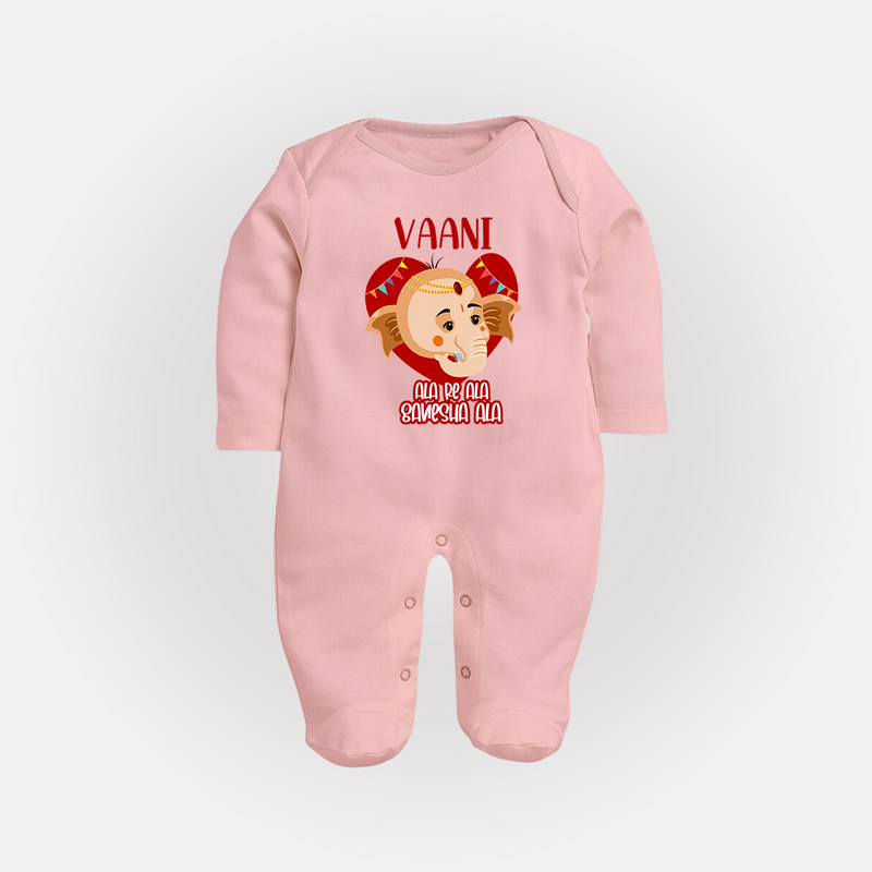 Ala Re Ala Ganesha Ala Sleep Suit / Full Sleeve Body Suit | Personalized Baby Sleep Suit / Full Sleeve Body Suit for Ganesha Festival - BABY PINK - New Born (Chest 7.5")