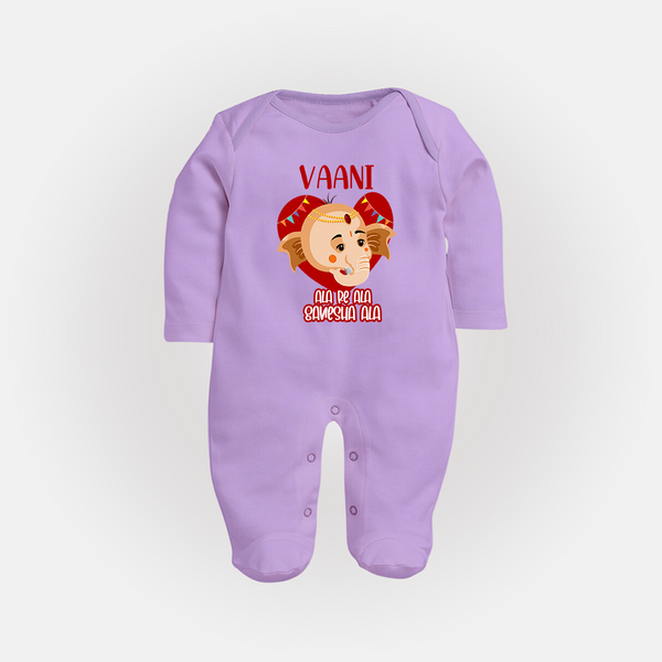 Ala Re Ala Ganesha Ala Sleep Suit / Full Sleeve Body Suit | Personalized Baby Sleep Suit / Full Sleeve Body Suit for Ganesha Festival - LILAC - New Born (Chest 7.5")