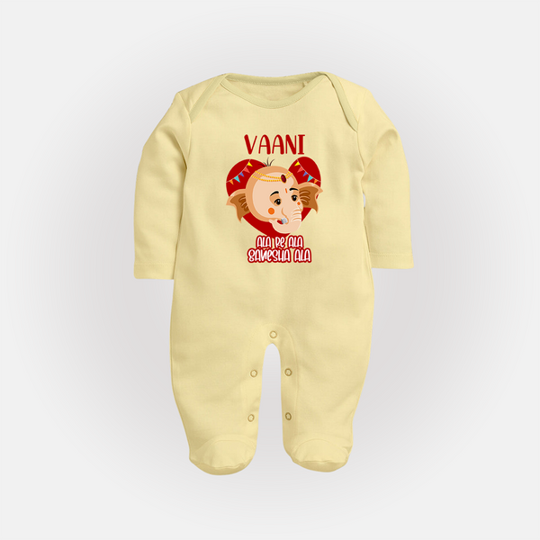 Ala Re Ala Ganesha Ala Sleep Suit / Full Sleeve Body Suit | Personalized Baby Sleep Suit / Full Sleeve Body Suit for Ganesha Festival - PASTEL YELLOW - New Born (Chest 7.5")