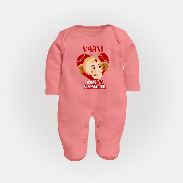 Ala Re Ala Ganesha Ala Sleep Suit / Full Sleeve Body Suit | Personalized Baby Sleep Suit / Full Sleeve Body Suit for Ganesha Festival - PEACH - New Born (Chest 7.5")