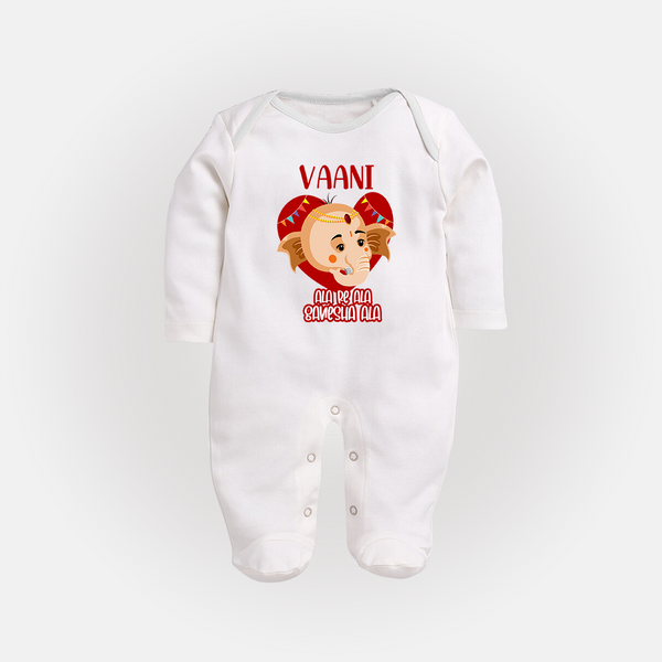Ala Re Ala Ganesha Ala Sleep Suit / Full Sleeve Body Suit | Personalized Baby Sleep Suit / Full Sleeve Body Suit for Ganesha Festival - WHITE - New Born (Chest 7.5")