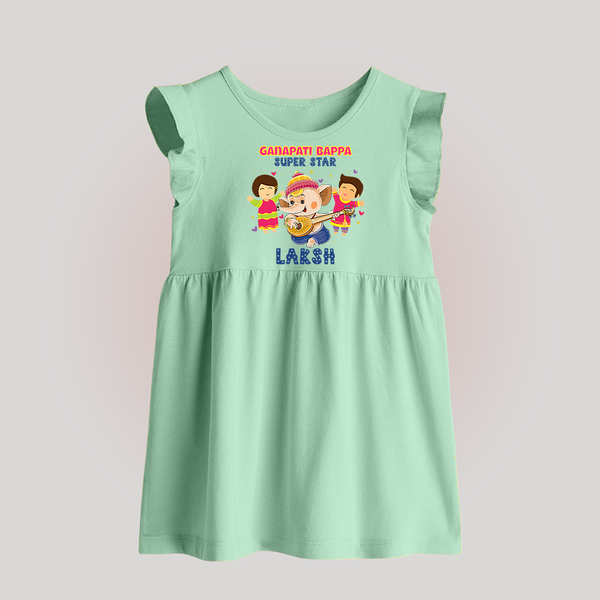 Ganapati Bappa Superstar Baby Frock | Custom Baby Frock for Ganesha Celebration - MINT GREEN - 0 - 3 Months Old (Chest 17")