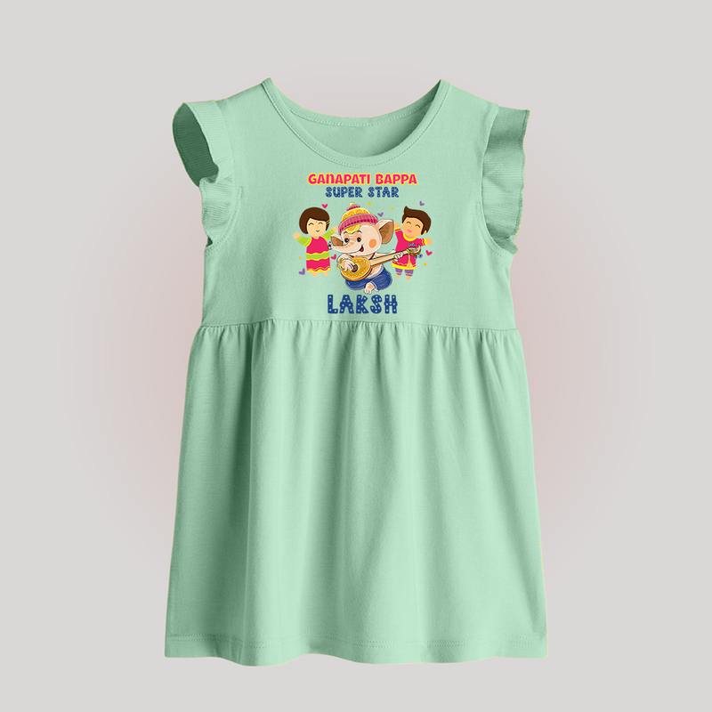 Ganapati Bappa Superstar Baby Frock | Custom Baby Frock for Ganesha Celebration - MINT GREEN - 0 - 3 Months Old (Chest 17")
