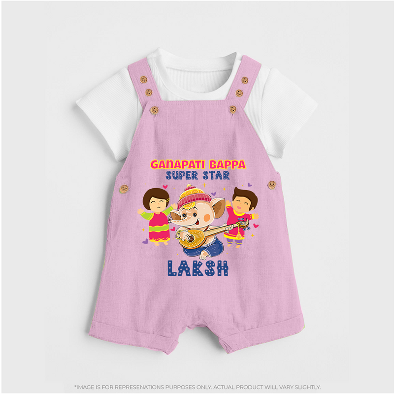 Ganapati Bappa Superstar Dungaree Set | Custom Baby Dungaree Set for Ganesha Celebration - BABY PINK - 0 - 5 Months Old (Chest 18")