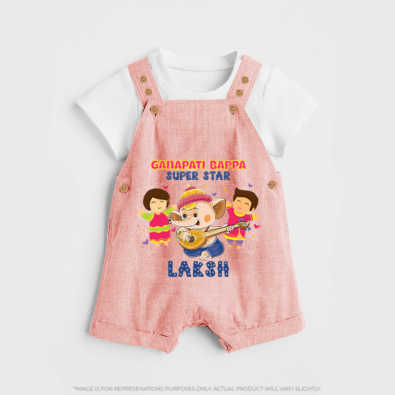 Ganapati Bappa Superstar Dungaree Set | Custom Baby Dungaree Set for Ganesha Celebration - PEACH - 0 - 5 Months Old (Chest 18")