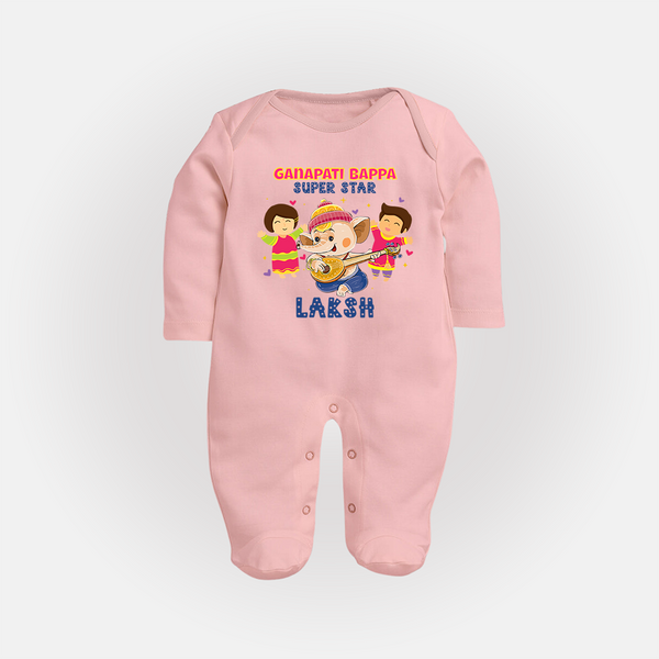 Ganapati Bappa Superstar Sleep Suit / Full Sleeve Body Suit | Custom Baby Sleep Suit / Full Sleeve Body Suit for Ganesha Celebration - BABY PINK - New Born (Chest 7.5")