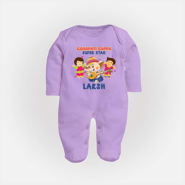 Ganapati Bappa Superstar Sleep Suit / Full Sleeve Body Suit | Custom Baby Sleep Suit / Full Sleeve Body Suit for Ganesha Celebration - LILAC - New Born (Chest 7.5")
