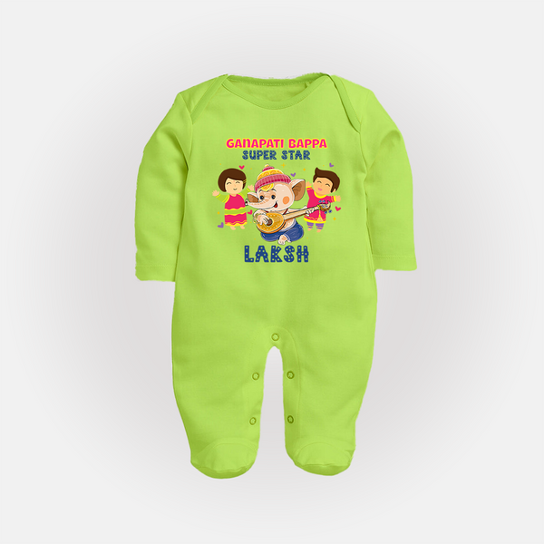 Ganapati Bappa Superstar Sleep Suit / Full Sleeve Body Suit | Custom Baby Sleep Suit / Full Sleeve Body Suit for Ganesha Celebration - LIME GREEN - New Born (Chest 7.5")