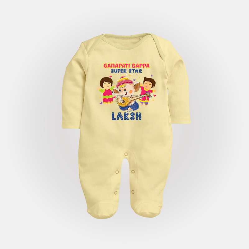 Ganapati Bappa Superstar Sleep Suit / Full Sleeve Body Suit | Custom Baby Sleep Suit / Full Sleeve Body Suit for Ganesha Celebration - PASTEL YELLOW - New Born (Chest 7.5")