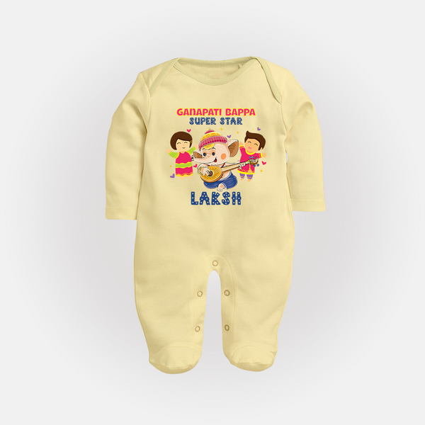 Ganapati Bappa Superstar Sleep Suit / Full Sleeve Body Suit | Custom Baby Sleep Suit / Full Sleeve Body Suit for Ganesha Celebration - PASTEL YELLOW - New Born (Chest 7.5")
