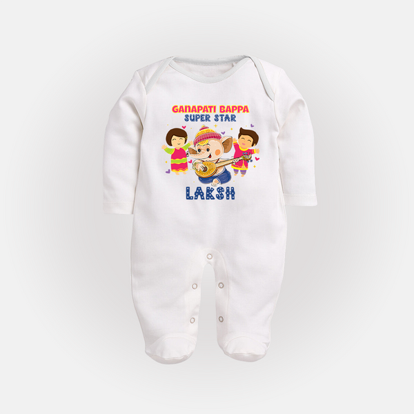 Ganapati Bappa Superstar Sleep Suit / Full Sleeve Body Suit | Custom Baby Sleep Suit / Full Sleeve Body Suit for Ganesha Celebration - WHITE - New Born (Chest 7.5")