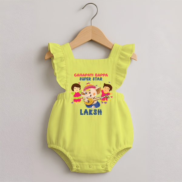 Ganapati Bappa Superstar Romper Frock | Custom Baby Romper Frock for Ganesha Celebration - PASTEL YELLOW - 0 - 3 Months Old (Chest 19")