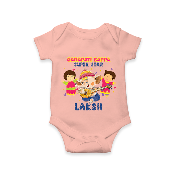 Ganapati Bappa Superstar Romper | Custom Baby Romper for Ganesha Celebration - PEACH - New Born (Chest 14")
