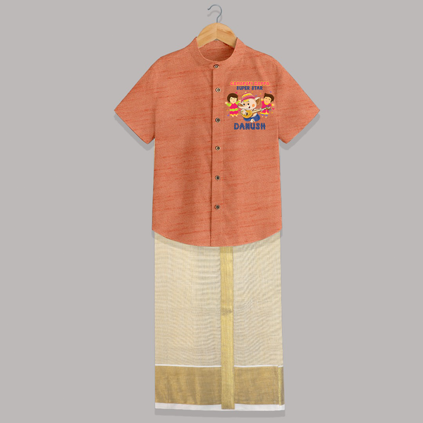 Ganapati Bappa Superstar Shirt and Dhoti | Custom Baby Shirt and Dhoti for Ganesha Celebration - ORANGE - 0 - 6 Months Old (Chest-23") (Dhoti length-14")