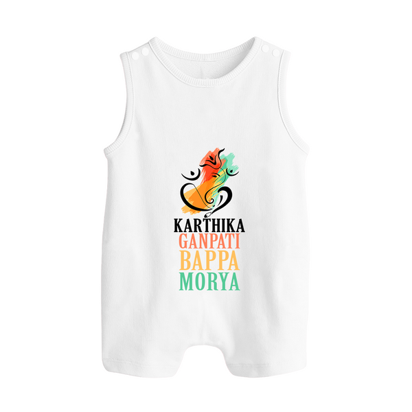 Ganapati Bappa Morya Romper Suit / Sleeveless Romper | Personalized Baby Romper Suit / Sleeveless Romper for Ganesha Devotees - WHITE - 0 - 5 Months Old (Chest 18")