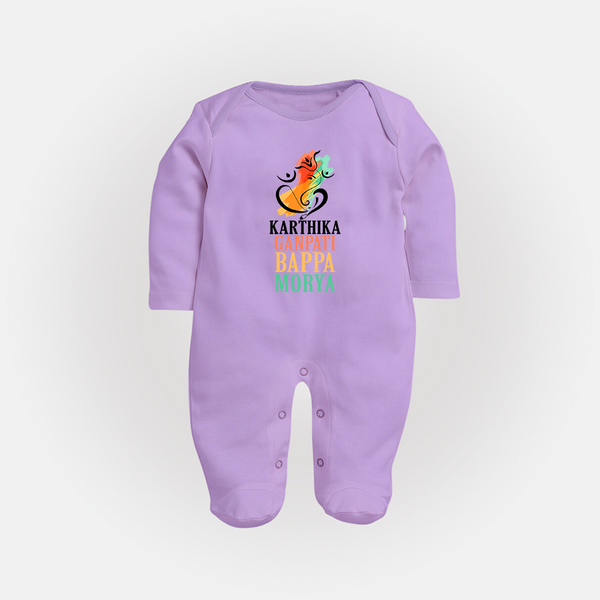 Ganapati Bappa Morya Sleep Suit / Full Sleeve Body Suit | Personalized Baby Sleep Suit / Full Sleeve Body Suit for Ganesha Devotees - LILAC - New Born (Chest 7.5")