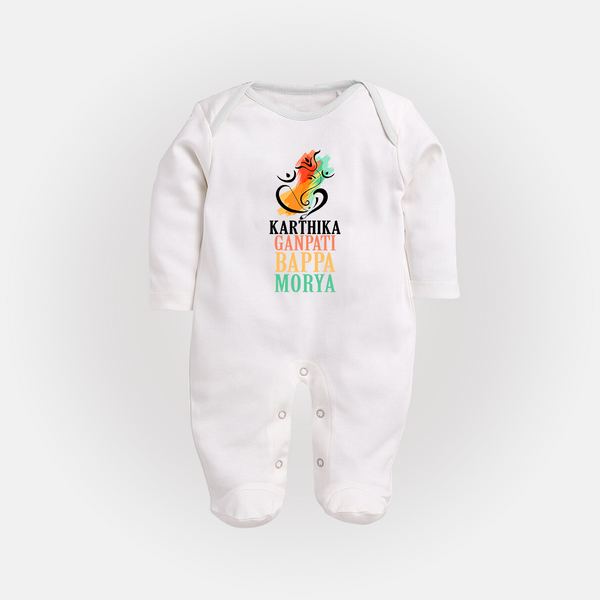 Ganapati Bappa Morya Sleep Suit / Full Sleeve Body Suit | Personalized Baby Sleep Suit / Full Sleeve Body Suit for Ganesha Devotees - WHITE - New Born (Chest 7.5")
