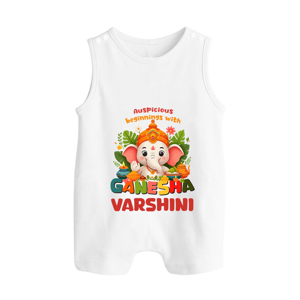 Auspicious Beginnings with Ganesha Romper Suit / Sleeveless Romper | Custom Baby Romper Suit / Sleeveless Romper for Ganesha Celebration - WHITE - 0 - 5 Months Old (Chest 18")