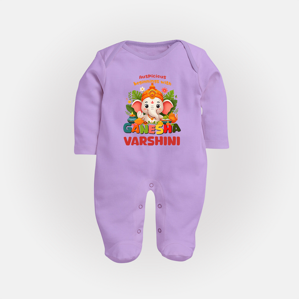 Auspicious Beginnings with Ganesha Sleep Suit / Full Sleeve Body Suit | Custom Baby Sleep Suit / Full Sleeve Body Suit for Ganesha Celebration - LILAC - New Born (Chest 7.5")