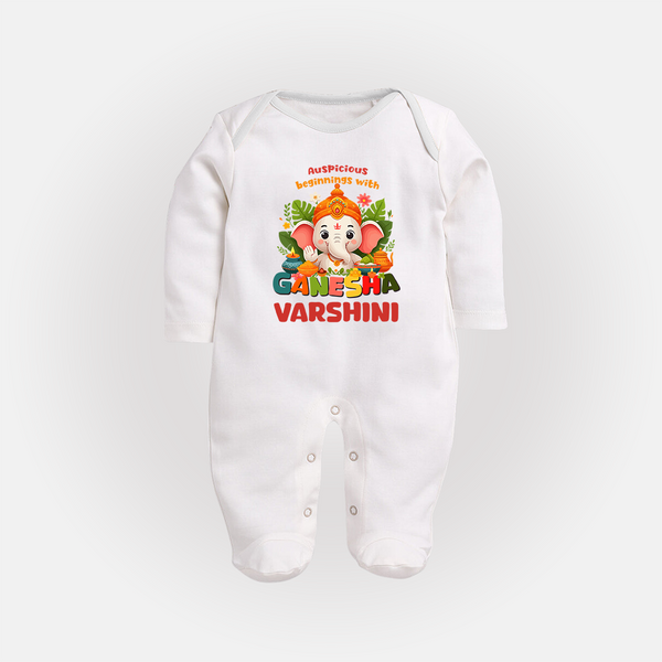 Auspicious Beginnings with Ganesha Sleep Suit / Full Sleeve Body Suit | Custom Baby Sleep Suit / Full Sleeve Body Suit for Ganesha Celebration - WHITE - New Born (Chest 7.5")