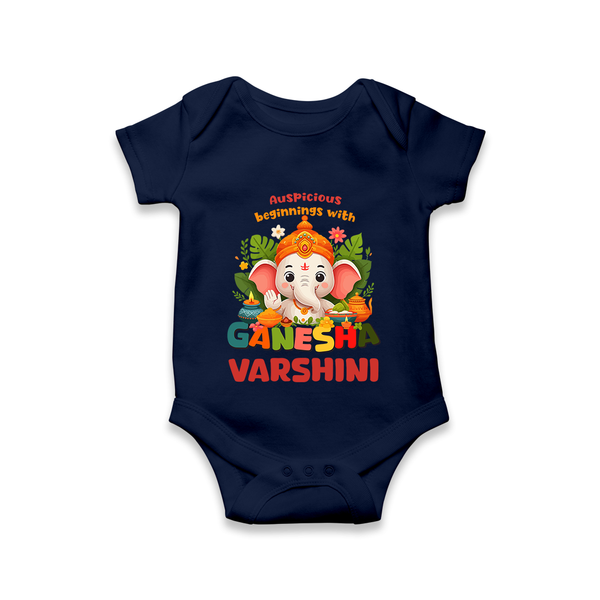 Auspicious Beginnings with Ganesha Romper | Custom Baby Romper for Ganesha Celebration - NAVY BLUE - New Born (Chest 14")