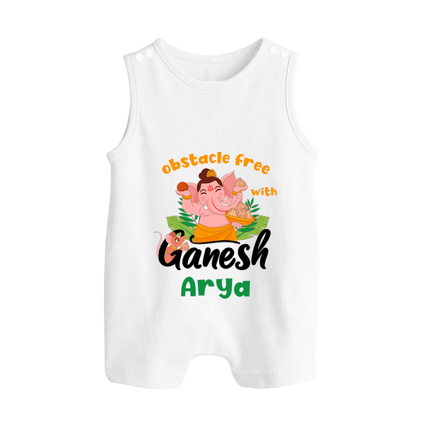 Obstacle Free with Ganesha Romper Suit / Sleeveless Romper | Personalized Baby Romper Suit / Sleeveless Romper for Ganesha Devotees - WHITE - 0 - 5 Months Old (Chest 18")