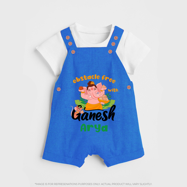 Obstacle Free with Ganesha Dungaree Set | Personalized Baby Dungaree Set for Ganesha Devotees - COBALT BLUE - 0 - 5 Months Old (Chest 18")