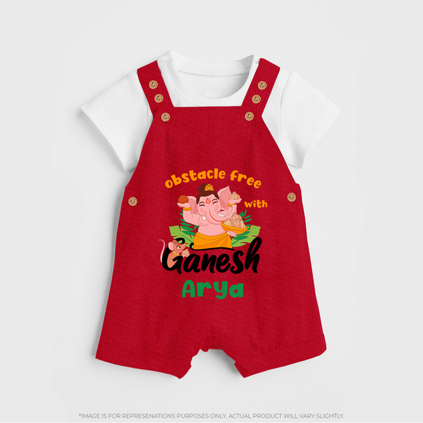 Obstacle Free with Ganesha Dungaree Set | Personalized Baby Dungaree Set for Ganesha Devotees - RED - 0 - 5 Months Old (Chest 18")