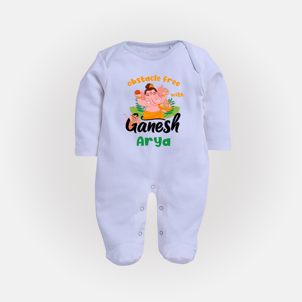 Obstacle Free with Ganesha Sleep Suit / Full Sleeve Body Suit | Personalized Baby Sleep Suit / Full Sleeve Body Suit for Ganesha Devotees - BABY BLUE - New Born (Chest 7.5")