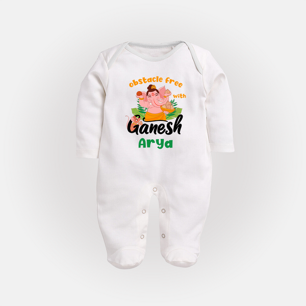Obstacle Free with Ganesha Sleep Suit / Full Sleeve Body Suit | Personalized Baby Sleep Suit / Full Sleeve Body Suit for Ganesha Devotees - WHITE - New Born (Chest 7.5")