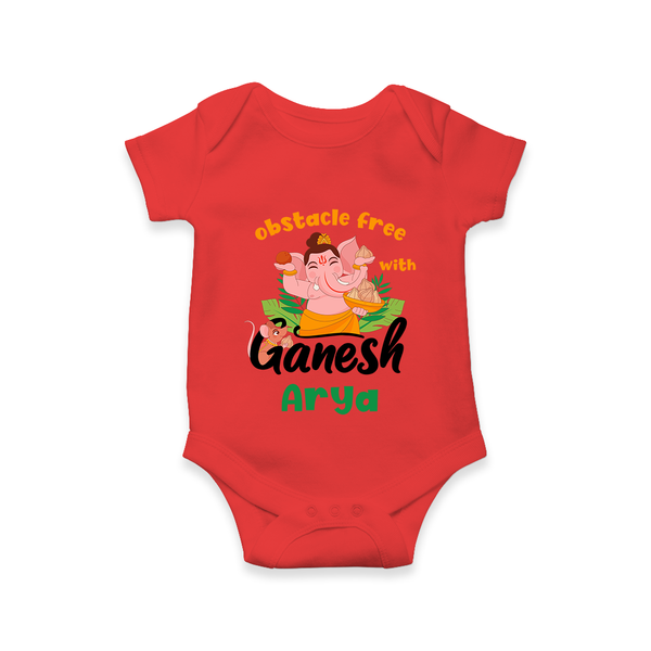 Obstacle Free with Ganesha Romper | Personalized Baby Romper for Ganesha Devotees - RED - New Born (Chest 14")