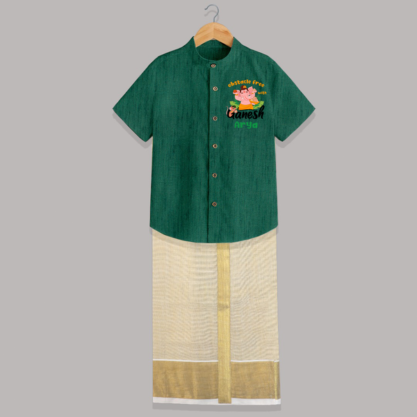 Obstacle Free with Ganesha Shirt and Dhoti | Personalized Baby Shirt and Dhoti for Ganesha Devotees - DARK GREEN - 0 - 6 Months Old (Chest-23") (Dhoti length-14")