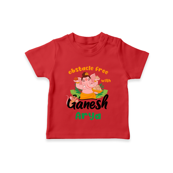 Obstacle Free with Ganesha T-Shirt | Personalized Baby T-Shirt for Ganesha Devotees - RED - 0-5 Months Old (Chest 17")