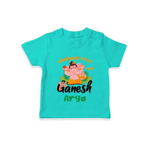 Obstacle Free with Ganesha T-Shirt | Personalized Baby T-Shirt for Ganesha Devotees - TEAL - 0-5 Months Old (Chest 17")